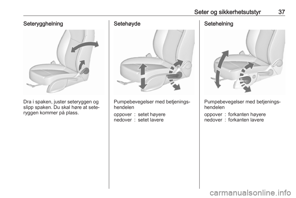 OPEL MERIVA 2016  Instruksjonsbok Seter og sikkerhetsutstyr37Seterygghelning
Dra i spaken, juster seteryggen og
slipp spaken. Du skal høre at sete‐
ryggen kommer på plass.
Setehøyde
Pumpebevegelser med betjenings‐
hendelen
oppo
