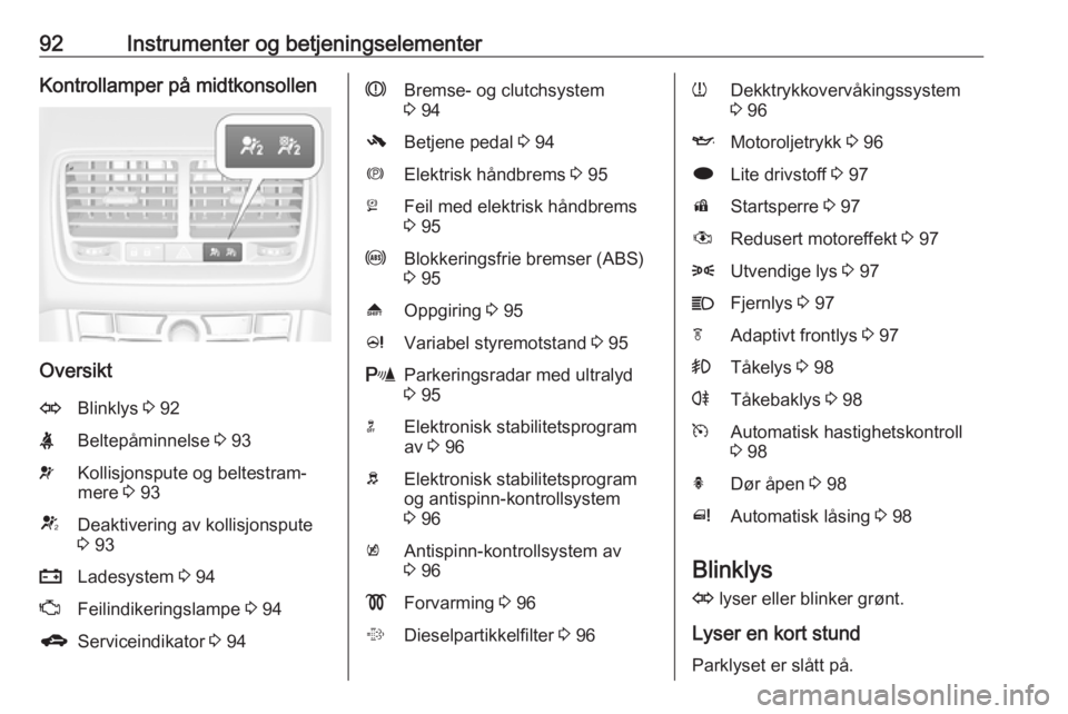 OPEL MERIVA 2016  Instruksjonsbok 92Instrumenter og betjeningselementerKontrollamper på midtkonsollen
Oversikt
OBlinklys 3 92XBeltepåminnelse  3 93vKollisjonspute og beltestram‐
mere  3 93VDeaktivering av kollisjonspute
3  93pLade
