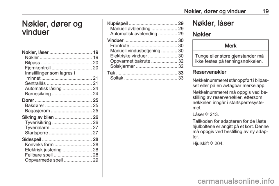 OPEL MERIVA 2016.5  Instruksjonsbok Nøkler, dører og vinduer19Nøkler, dører og
vinduerNøkler, låser ................................ 19
Nøkler ........................................ 19
Bilpass ..................................