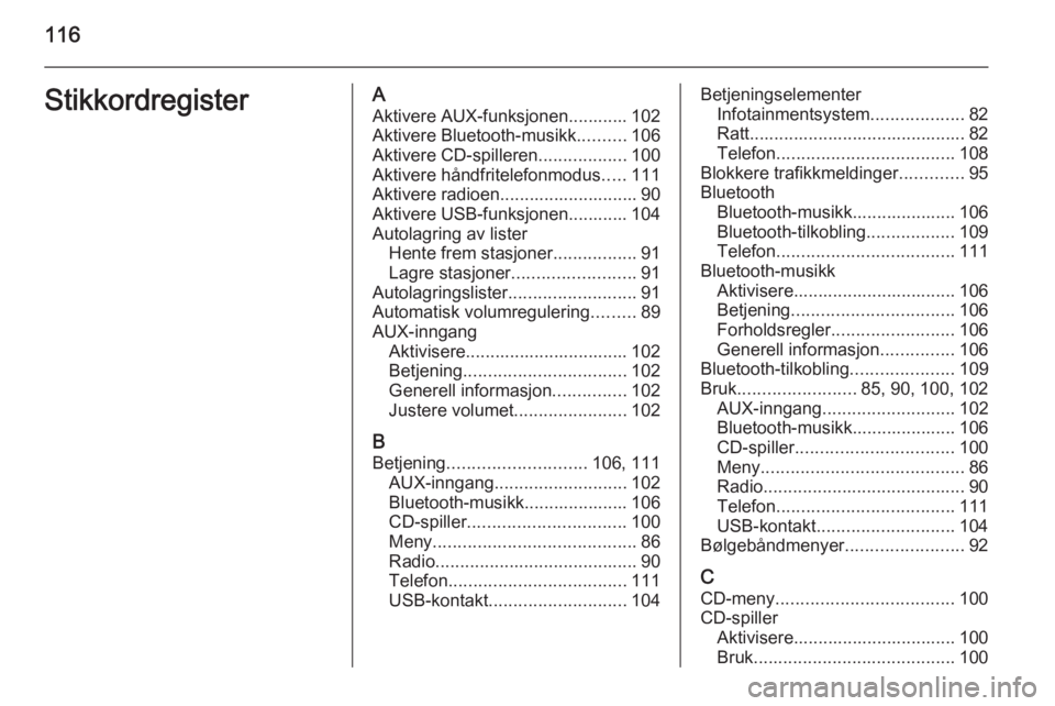 OPEL MOKKA 2015.5  Brukerhåndbok for infotainmentsystem 116StikkordregisterAAktivere AUX-funksjonen............ 102
Aktivere Bluetooth-musikk ..........106
Aktivere CD-spilleren ..................100
Aktivere håndfritelefonmodus .....111
Aktivere radioen.