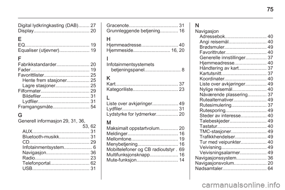 OPEL MOKKA 2015.5  Brukerhåndbok for infotainmentsystem 75
Digital lydkringkasting (DAB)........27
Display .......................................... 20
E EQ ................................................ 19
Equaliser (utjevner) ......................19
