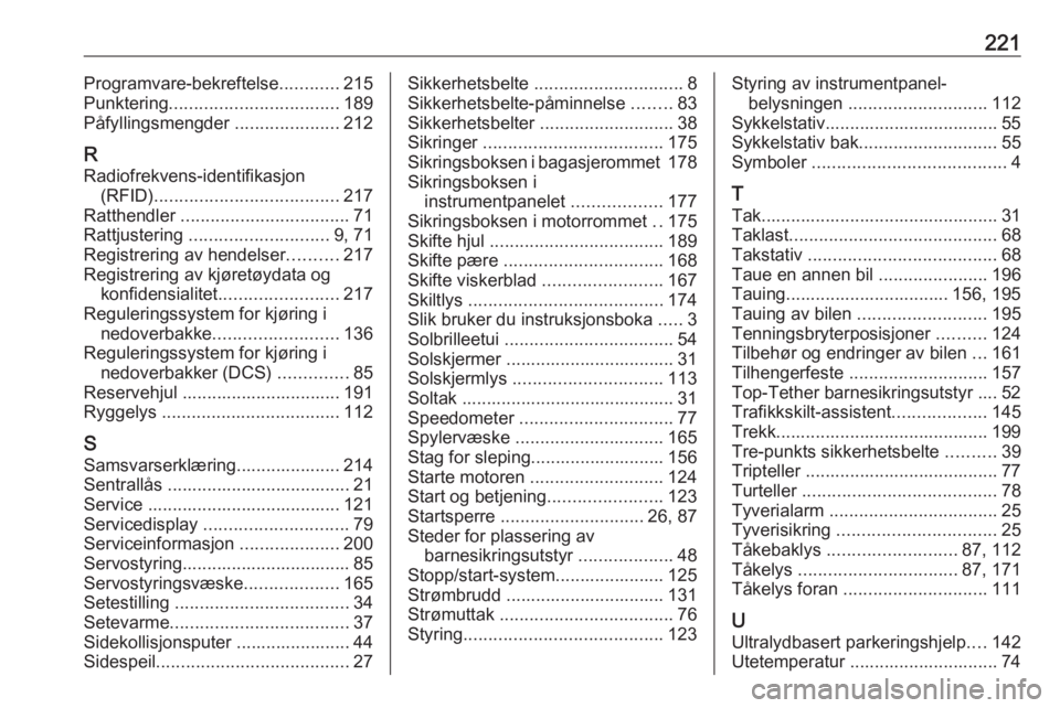 OPEL MOKKA 2016  Instruksjonsbok 221Programvare-bekreftelse............215
Punktering .................................. 189
Påfyllingsmengder  .....................212
R
Radiofrekvens-identifikasjon (RFID) .........................