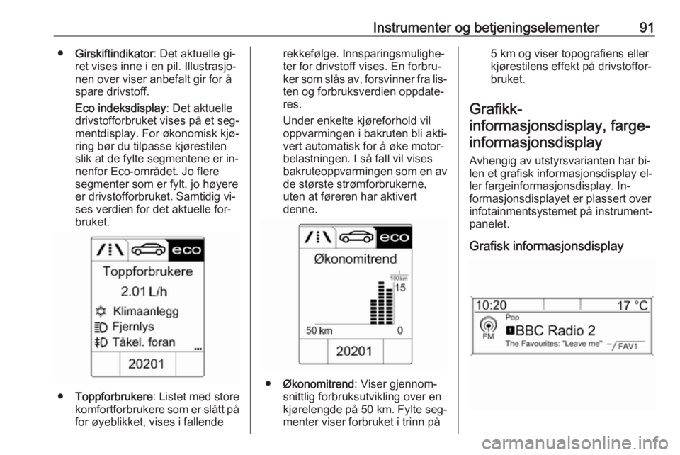 OPEL MOKKA 2016  Instruksjonsbok Instrumenter og betjeningselementer91●Girskiftindikator : Det aktuelle gi‐
ret vises inne i en pil. Illustrasjo‐
nen over viser anbefalt gir for å
spare drivstoff.
Eco indeksdisplay : Det aktue