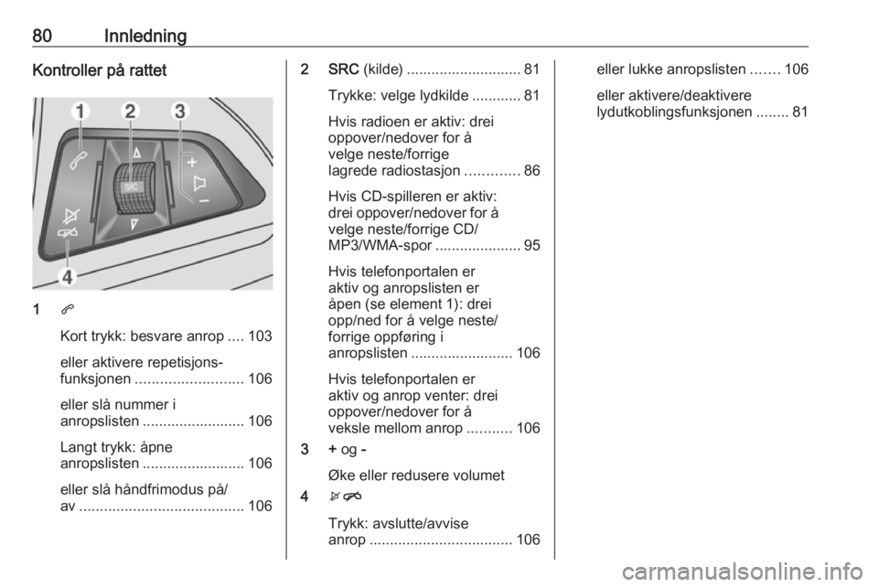 OPEL MOKKA 2016.5 Brukerhåndbok for infotainmentsystem 80InnledningKontroller på rattet
1q
Kort trykk: besvare anrop ....103
eller aktivere repetisjons‐
funksjonen .......................... 106
eller slå nummer i
anropslisten ........................ OPEL MOKKA 2016.5 Brukerhåndbok for infotainmentsystem 80InnledningKontroller på rattet
1q
Kort trykk: besvare anrop ....103
eller aktivere repetisjons‐
funksjonen .......................... 106
eller slå nummer i
anropslisten ........................