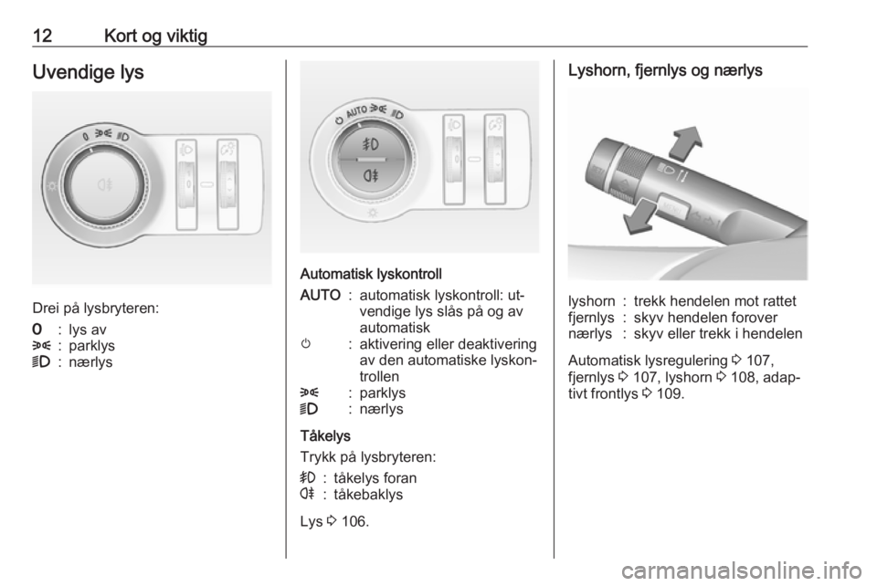OPEL MOKKA 2016.5  Instruksjonsbok 12Kort og viktigUvendige lys
Drei på lysbryteren:
7:lys av8:parklys9:nærlys
Automatisk lyskontroll
AUTO:automatisk lyskontroll: ut‐
vendige lys slås på og av
automatiskm:aktivering eller deaktiv