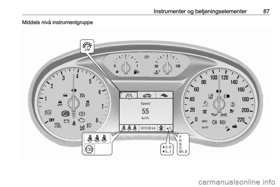 OPEL MOKKA X 2018.5 Brukerhåndbok for infotainmentsystem Instrumenter og betjeningselementer87Middels nivå instrumentgruppe OPEL MOKKA X 2018.5 Brukerhåndbok for infotainmentsystem Instrumenter og betjeningselementer87Middels nivå instrumentgruppe