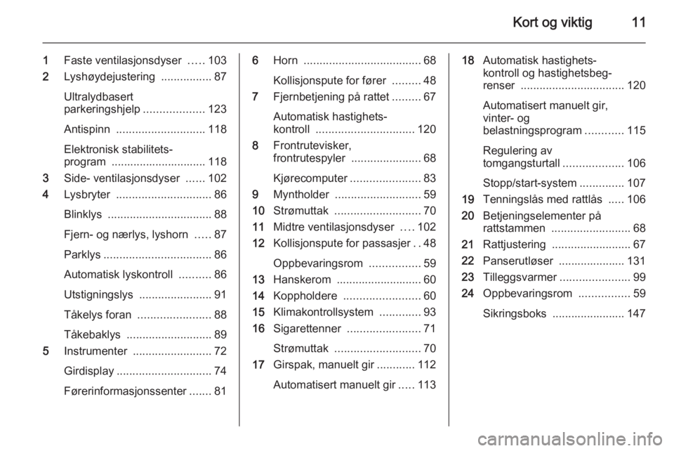 OPEL MOVANO_B 2014  Instruksjonsbok Kort og viktig11
1Faste ventilasjonsdyser  .....103
2 Lyshøydejustering  ................87
Ultralydbasert
parkeringshjelp ...................123
Antispinn  ............................ 118
Elektroni