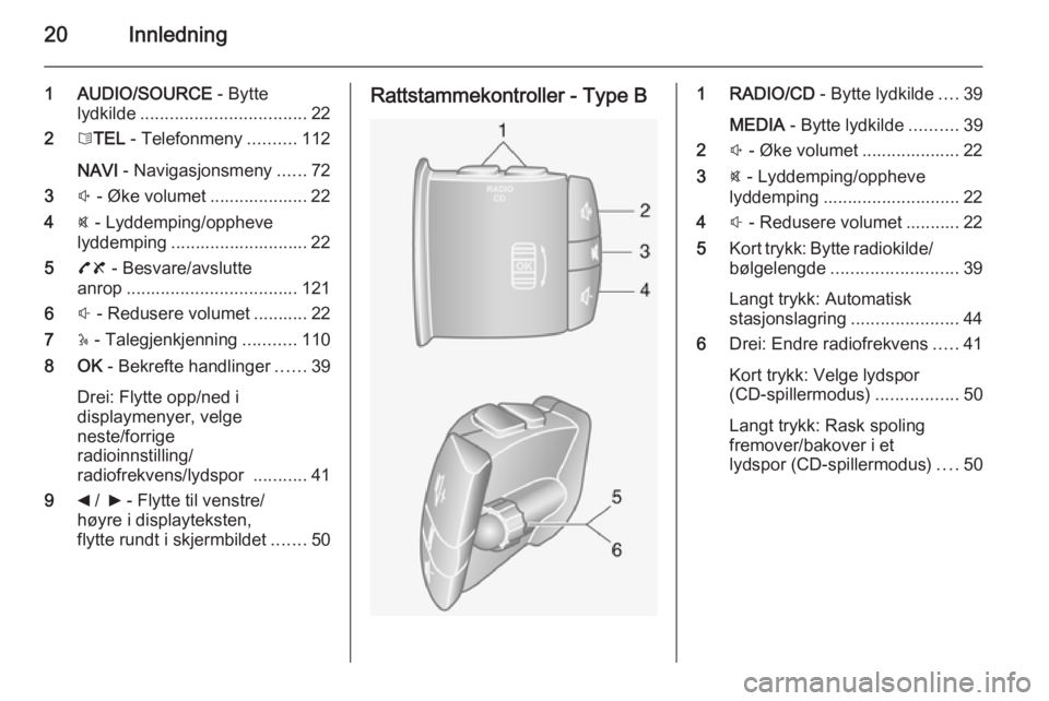 OPEL VIVARO B 2015.5  Brukerhåndbok for infotainmentsystem 20Innledning
1 AUDIO/SOURCE - Bytte
lydkilde .................................. 22
2 6TEL  - Telefonmeny ..........112
NAVI  - Navigasjonsmeny ......72
3 ! - Øke volumet .................... 22
4 @ -