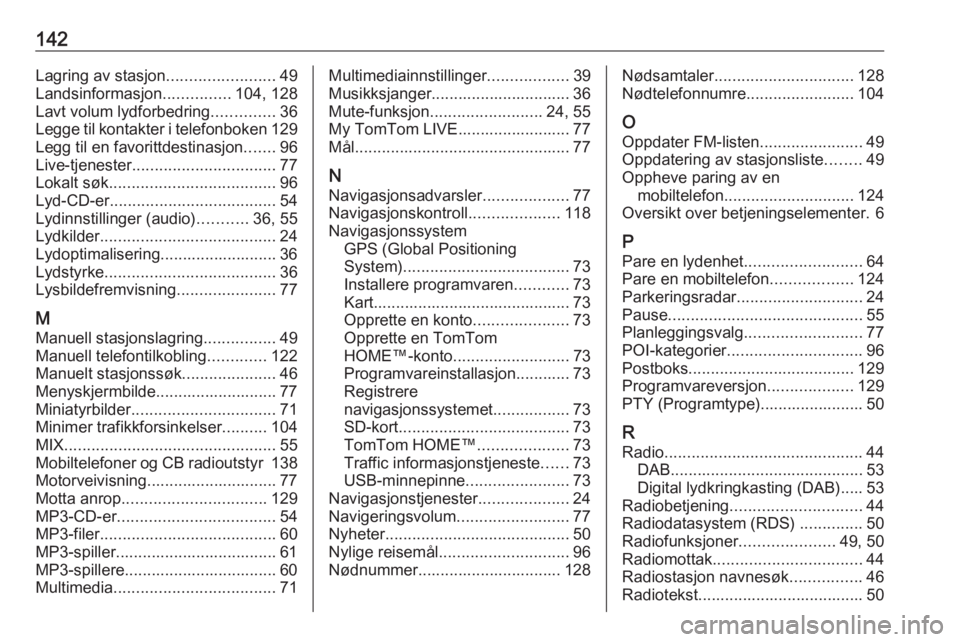 OPEL MOVANO_B 2016  Brukerhåndbok for infotainmentsystem 142Lagring av stasjon........................49
Landsinformasjon ...............104, 128
Lavt volum lydforbedring ..............36
Legge til kontakter i telefonboken 129
Legg til en favorittdestinasjo