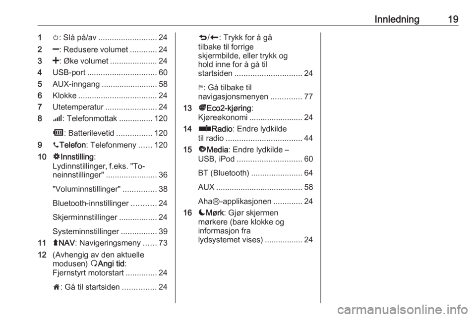 OPEL MOVANO_B 2016  Brukerhåndbok for infotainmentsystem Innledning191m: Slå på/av .......................... 24
2 ]: Redusere volumet ............24
3 <: Øke volumet .....................24
4 USB-port ............................... 60
5 AUX-inngang ...