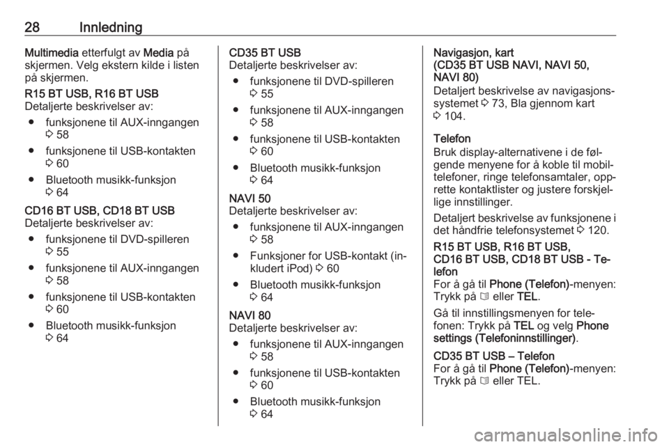 OPEL MOVANO_B 2016  Brukerhåndbok for infotainmentsystem 28InnledningMultimedia etterfulgt av  Media på
skjermen. Velg ekstern kilde i listen
på skjermen.R15 BT USB, R16 BT USB
Detaljerte beskrivelser av:
● funksjonene til AUX-inngangen 3 58
● funksjo