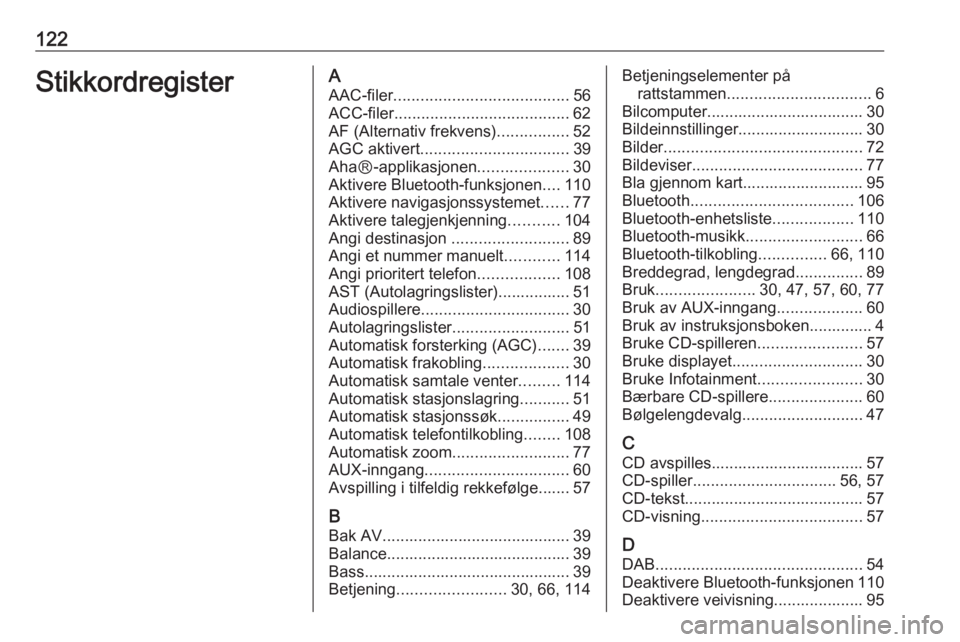 OPEL MOVANO_B 2016.5 Brukerhåndbok for infotainmentsystem 122StikkordregisterAAAC-filer ....................................... 56
ACC-filer ....................................... 62
AF (Alternativ frekvens) ................52
AGC aktivert ................. OPEL MOVANO_B 2016.5 Brukerhåndbok for infotainmentsystem 122StikkordregisterAAAC-filer ....................................... 56
ACC-filer ....................................... 62
AF (Alternativ frekvens) ................52
AGC aktivert .................