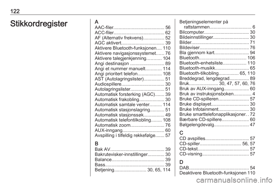 OPEL MOVANO_B 2018  Brukerhåndbok for infotainmentsystem 122StikkordregisterAAAC-filer ....................................... 56
ACC-filer ....................................... 62
AF (Alternativ frekvens) ................52
AGC aktivert .................