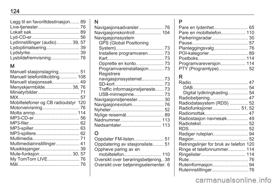 OPEL VIVARO B 2018.5 Brukerhåndbok for infotainmentsystem 124Legg til en favorittdestinasjon.......89
Live-tjenester ................................ 76
Lokalt søk ..................................... 89
Lyd-CD-er ..................................... 56
L OPEL VIVARO B 2018.5 Brukerhåndbok for infotainmentsystem 124Legg til en favorittdestinasjon.......89
Live-tjenester ................................ 76
Lokalt søk ..................................... 89
Lyd-CD-er ..................................... 56
L