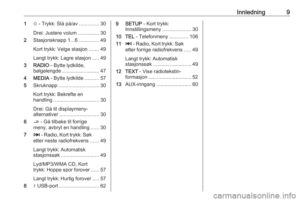 OPEL MOVANO_B 2018.5  Brukerhåndbok for infotainmentsystem Innledning91m - Trykk: Slå på/av ..............30
Drei: Justere volum ...............30
2 Stasjonsknapp 1...6 ..............49
Kort trykk: Velge stasjon .......49
Langt trykk: Lagre stasjon .....49
