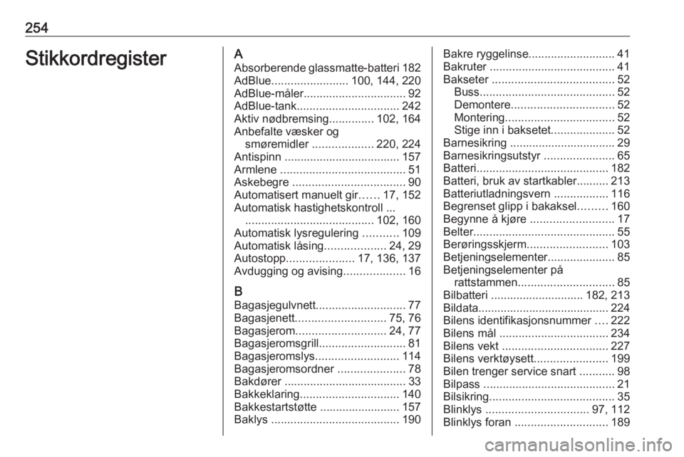 OPEL MOVANO_B 2018.5  Instruksjonsbok 254StikkordregisterAAbsorberende glassmatte-batteri 182
AdBlue ........................ 100, 144, 220
AdBlue-måler ................................ 92
AdBlue-tank ................................ 242