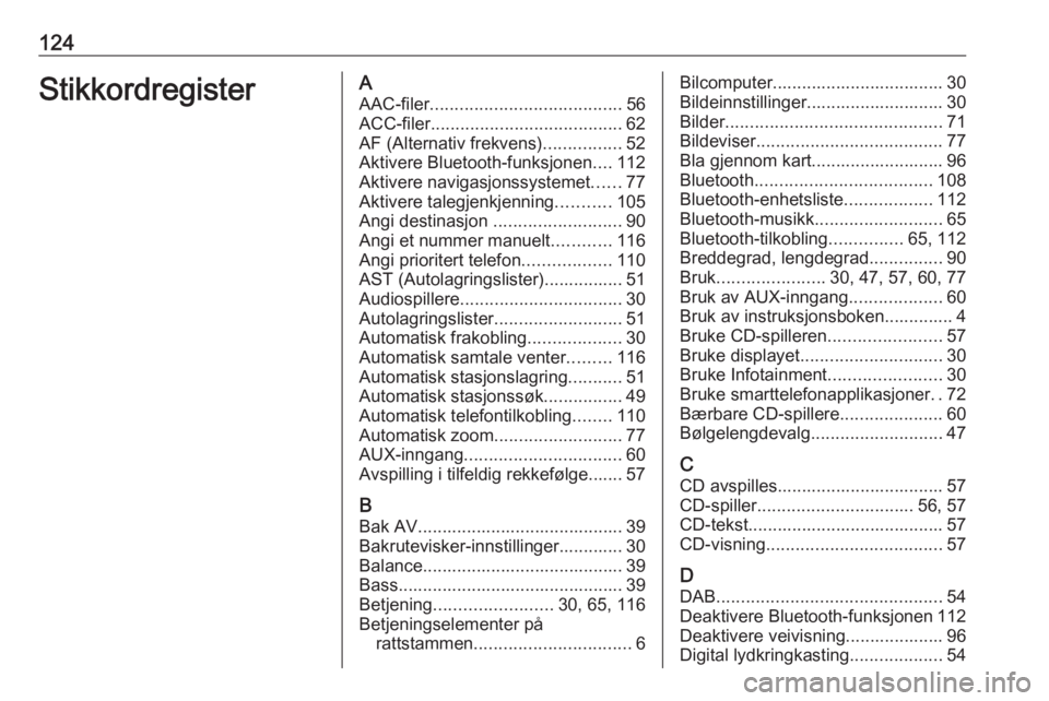 OPEL VIVARO B 2019  Brukerhåndbok for infotainmentsystem 124StikkordregisterAAAC-filer ....................................... 56
ACC-filer ....................................... 62
AF (Alternativ frekvens) ................52
Aktivere Bluetooth-funksjonen 