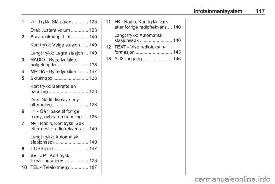 OPEL MOVANO_B 2020  Instruksjonsbok Infotainmentsystem1171m - Trykk: Slå på/av ............123
Drei: Justere volum .............123
2 Stasjonsknapp 1...6 ............140
Kort trykk: Velge stasjon .....140
Langt trykk: Lagre stasjon ..
