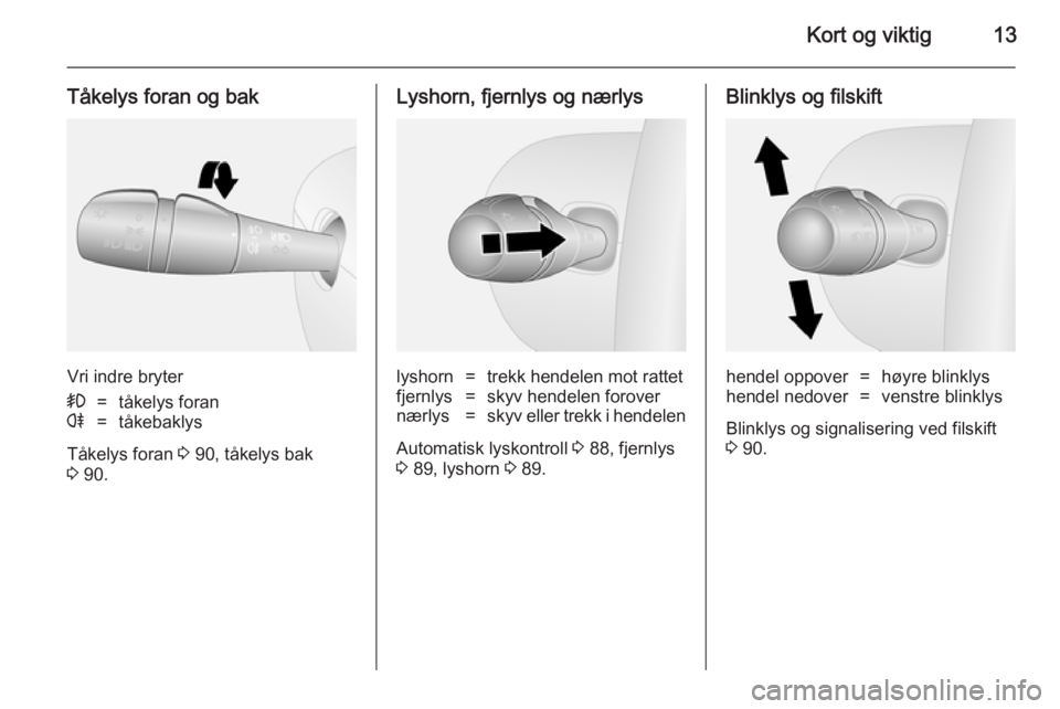OPEL VIVARO B 2014.5  Instruksjonsbok Kort og viktig13
Tåkelys foran og bak
Vri indre bryter
>=tåkelys foranr=tåkebaklys
Tåkelys foran 3 90, tåkelys bak
3  90.
Lyshorn, fjernlys og nærlyslyshorn=trekk hendelen mot rattetfjernlys=sky