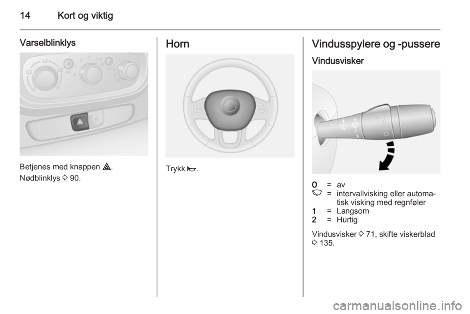 OPEL VIVARO B 2014.5  Instruksjonsbok 14Kort og viktig
Varselblinklys
Betjenes med knappen ¨.
Nødblinklys  3 90.
Horn
Trykk  j.
Vindusspylere og -pussere
Vindusvisker7=avK=intervallvisking eller automa‐
tisk visking med regnføler1=La