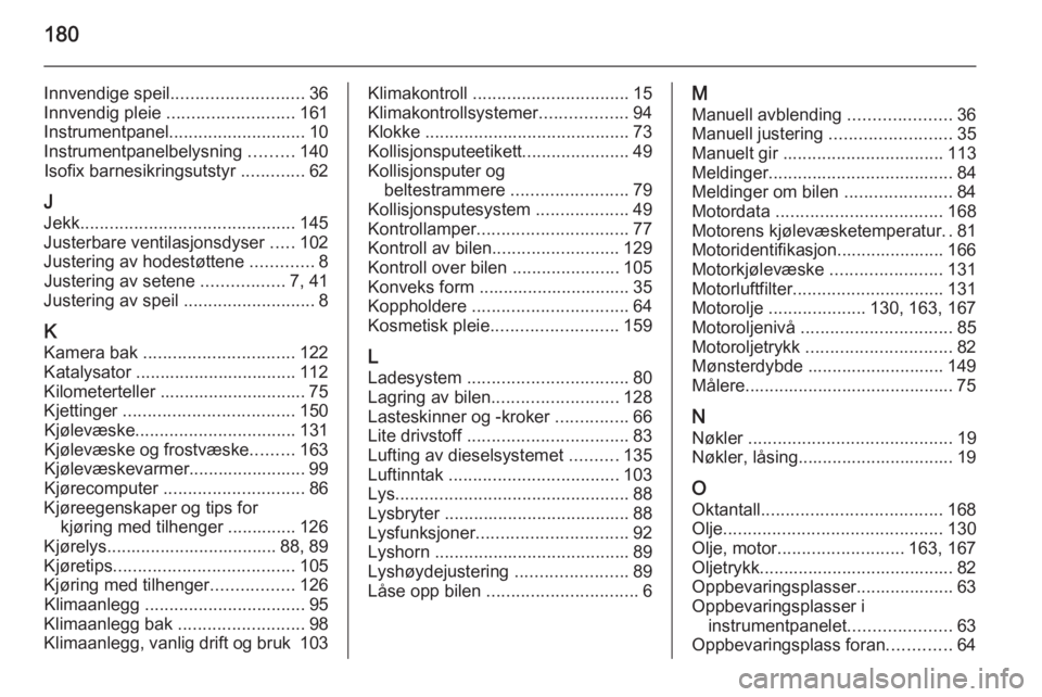 OPEL VIVARO B 2014.5  Instruksjonsbok 180
Innvendige speil........................... 36
Innvendig pleie  .......................... 161
Instrumentpanel ............................ 10
Instrumentpanelbelysning  .........140
Isofix barnesi