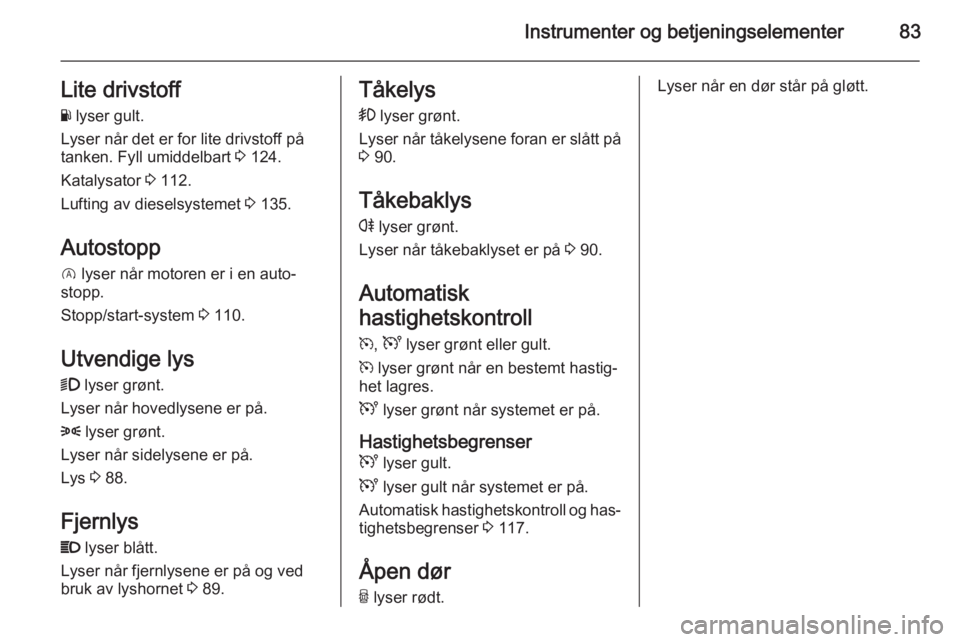 OPEL VIVARO B 2014.5  Instruksjonsbok Instrumenter og betjeningselementer83Lite drivstoffY  lyser gult.
Lyser når det er for lite drivstoff på tanken. Fyll umiddelbart  3 124.
Katalysator  3 112.
Lufting av dieselsystemet  3 135.
Autost