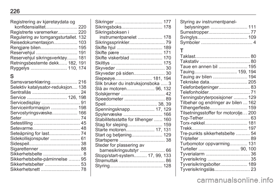 OPEL VIVARO B 2018 Instruksjonsbok 226Registrering av kjøretøydata ogkonfidensialitet ........................ 220
Registrerte varemerker ...............220
Regulering av tomgangsturtallet. 132 Reisedokumentasjon ..................10 OPEL VIVARO B 2018 Instruksjonsbok 226Registrering av kjøretøydata ogkonfidensialitet ........................ 220
Registrerte varemerker ...............220
Regulering av tomgangsturtallet. 132 Reisedokumentasjon ..................10