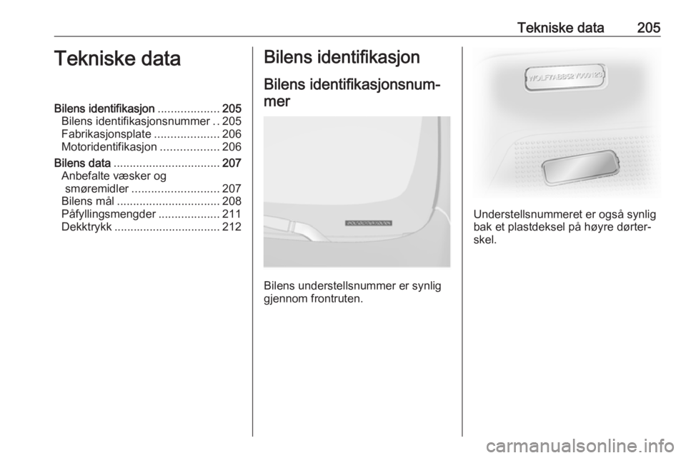 OPEL VIVARO B 2019 Instruksjonsbok Tekniske data205Tekniske dataBilens identifikasjon...................205
Bilens identifikasjonsnummer ..205
Fabrikasjonsplate ....................206
Motoridentifikasjon ..................206
Bilens d OPEL VIVARO B 2019 Instruksjonsbok Tekniske data205Tekniske dataBilens identifikasjon...................205
Bilens identifikasjonsnummer ..205
Fabrikasjonsplate ....................206
Motoridentifikasjon ..................206
Bilens d