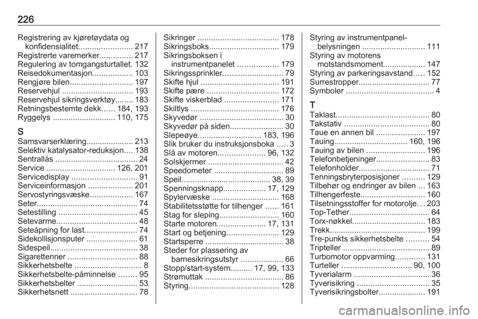 OPEL VIVARO B 2019 Instruksjonsbok 226Registrering av kjøretøydata ogkonfidensialitet ........................ 217
Registrerte varemerker ...............217
Regulering av tomgangsturtallet. 132 Reisedokumentasjon ..................10 OPEL VIVARO B 2019 Instruksjonsbok 226Registrering av kjøretøydata ogkonfidensialitet ........................ 217
Registrerte varemerker ...............217
Regulering av tomgangsturtallet. 132 Reisedokumentasjon ..................10