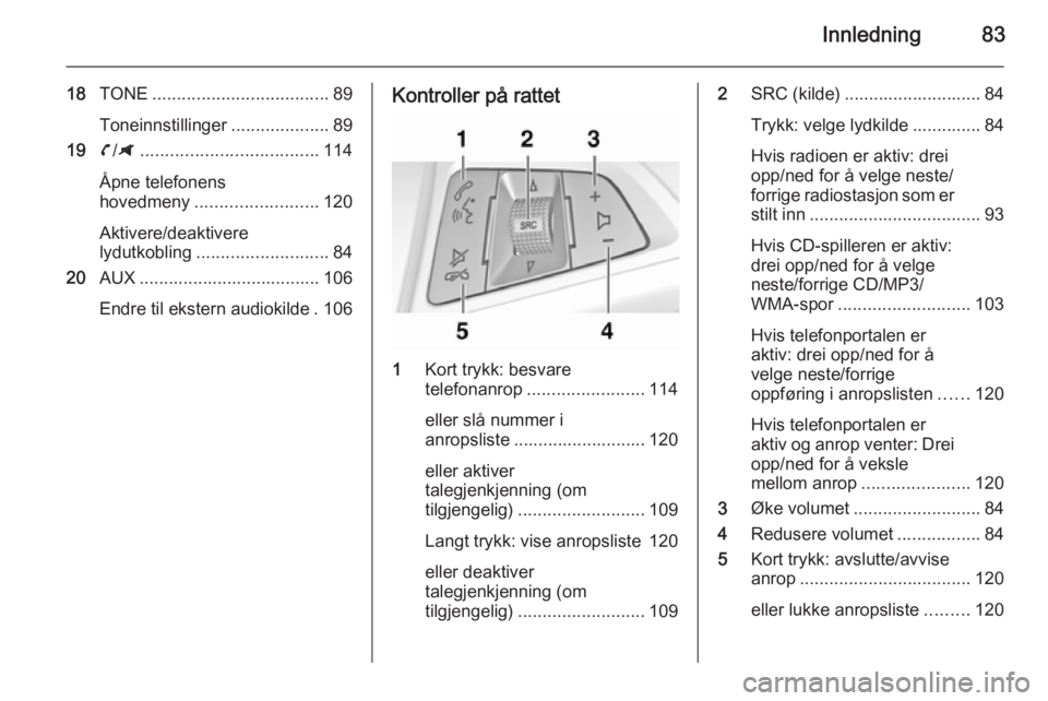 OPEL ZAFIRA C 2014.5  Brukerhåndbok for infotainmentsystem Innledning83
18TONE .................................... 89
Toneinnstillinger ....................89
19 v/G .................................... 114
Åpne telefonens
hovedmeny ........................