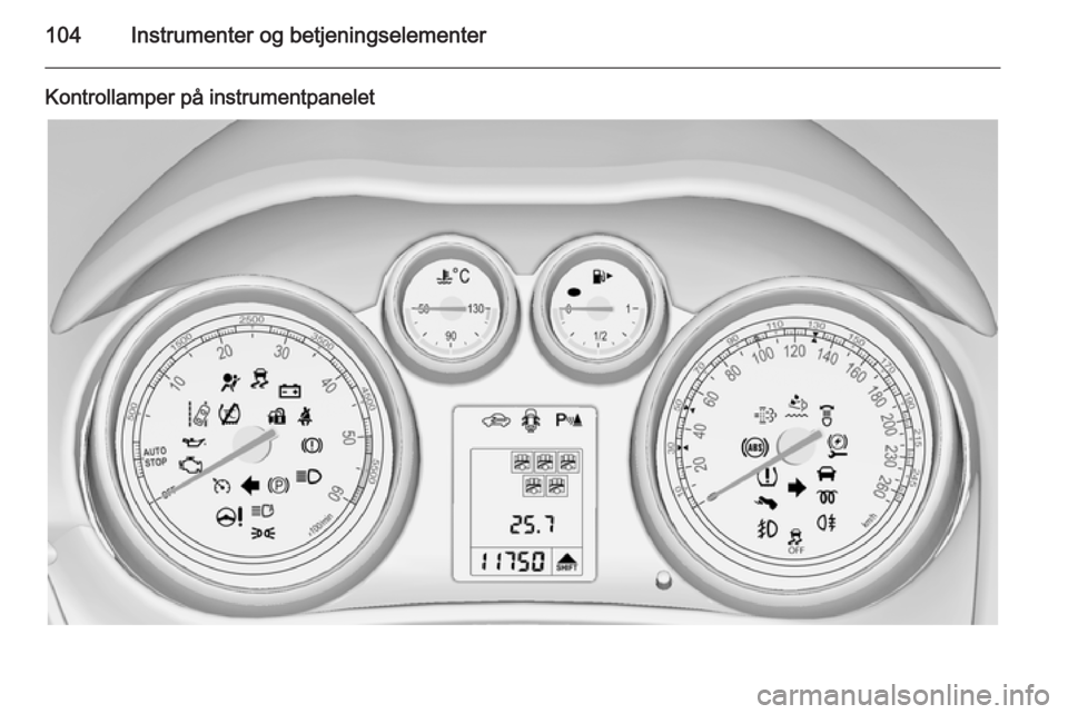 OPEL ZAFIRA C 2014.5 Instruksjonsbok 104Instrumenter og betjeningselementer
Kontrollamper på instrumentpanelet OPEL ZAFIRA C 2014.5 Instruksjonsbok 104Instrumenter og betjeningselementer
Kontrollamper på instrumentpanelet