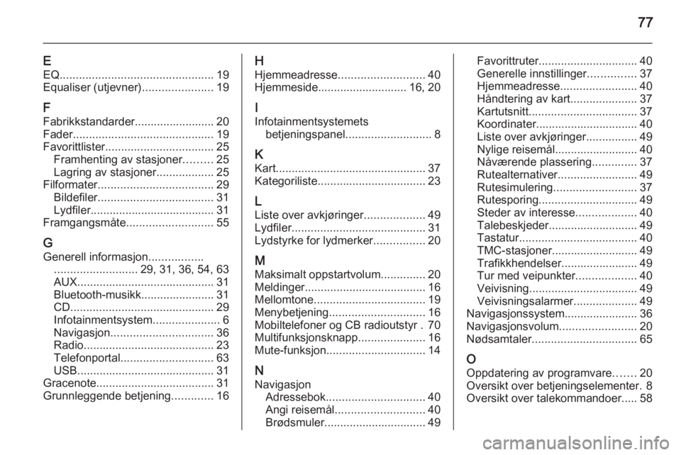 OPEL ZAFIRA C 2015  Brukerhåndbok for infotainmentsystem 77
EEQ ................................................ 19
Equaliser (utjevner) ......................19
F
Fabrikkstandarder......................... 20
Fader .........................................