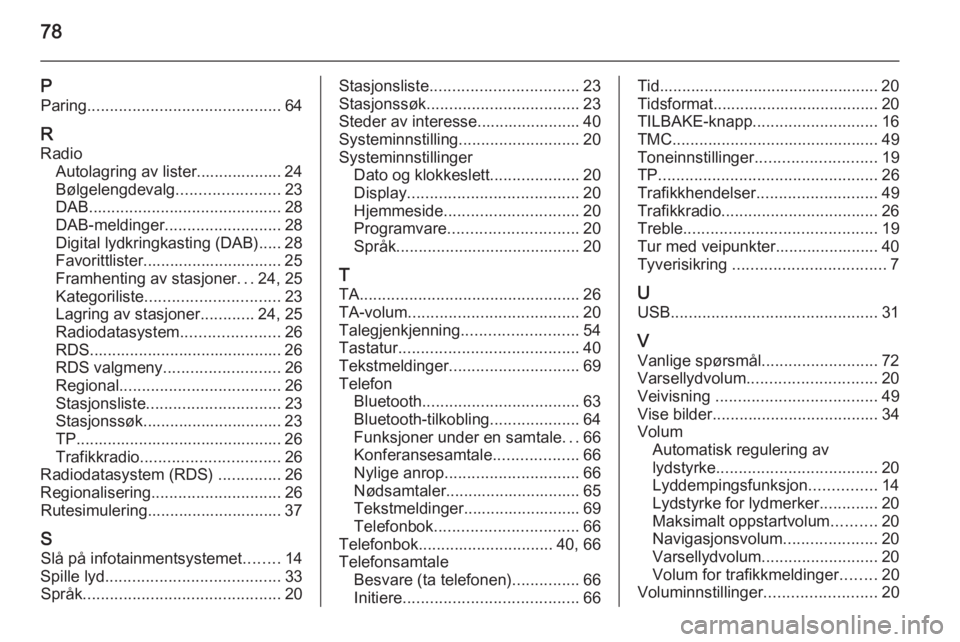OPEL ZAFIRA C 2015  Brukerhåndbok for infotainmentsystem 78
PParing ........................................... 64
R
Radio Autolagring av lister................... 24
Bølgelengdevalg .......................23
DAB ...........................................