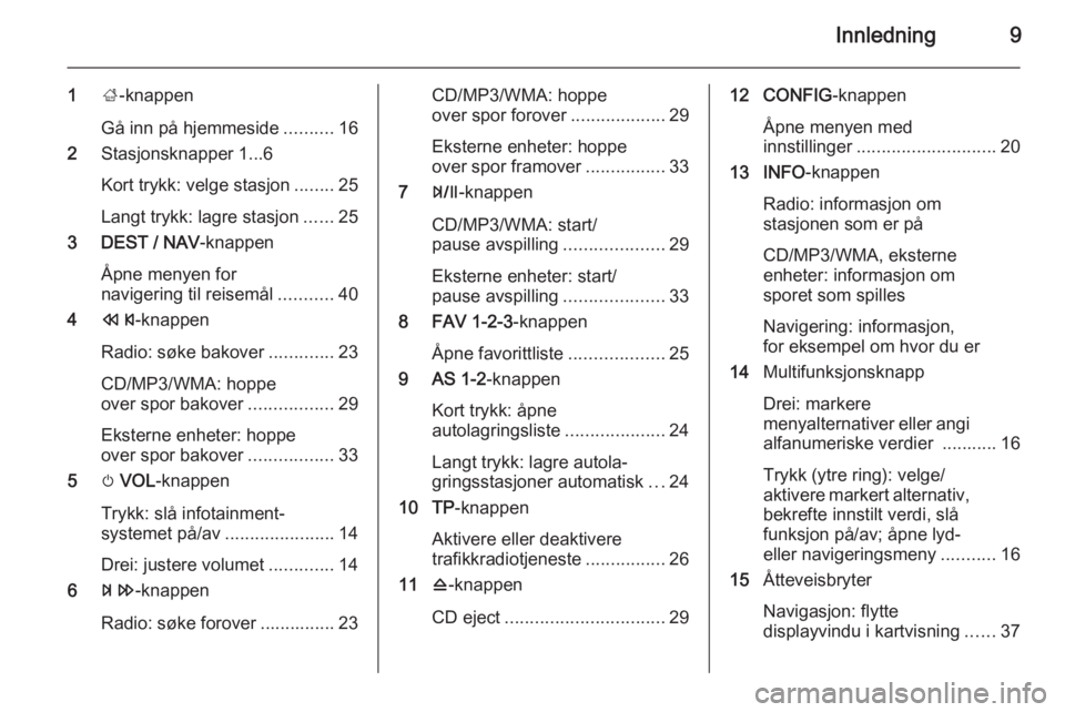 OPEL ZAFIRA C 2015  Brukerhåndbok for infotainmentsystem Innledning9
1;-knappen
Gå inn på hjemmeside ..........16
2 Stasjonsknapper 1...6
Kort trykk: velge stasjon ........25
Langt trykk: lagre stasjon ......25
3 DEST / NAV -knappen
Åpne menyen for
navig