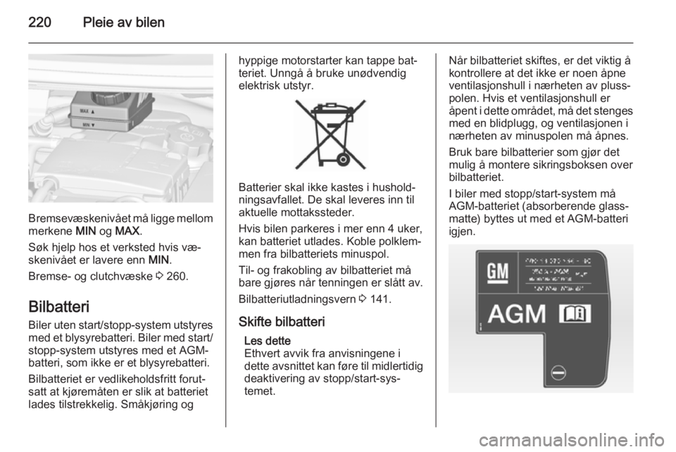 OPEL ZAFIRA C 2015  Instruksjonsbok 220Pleie av bilen
Bremsevæskenivået må ligge mellom
merkene  MIN og MAX .
Søk hjelp hos et verksted hvis væ‐
skenivået er lavere enn  MIN.
Bremse- og clutchvæske  3 260.
Bilbatteri
Biler uten OPEL ZAFIRA C 2015  Instruksjonsbok 220Pleie av bilen
Bremsevæskenivået må ligge mellom
merkene  MIN og MAX .
Søk hjelp hos et verksted hvis væ‐
skenivået er lavere enn  MIN.
Bremse- og clutchvæske  3 260.
Bilbatteri
Biler uten