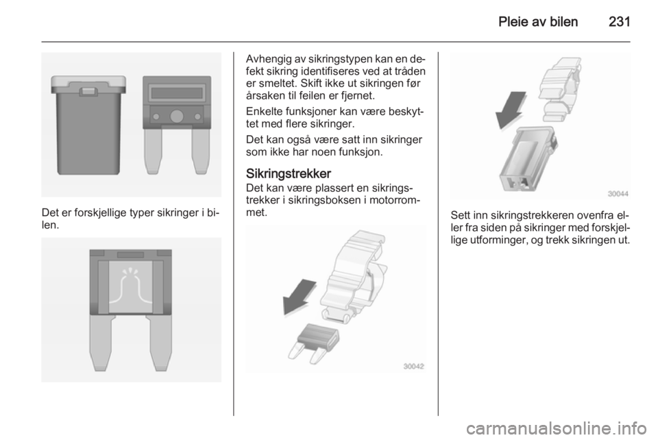 OPEL ZAFIRA C 2015  Instruksjonsbok Pleie av bilen231
Det er forskjellige typer sikringer i bi‐
len.
Avhengig av sikringstypen kan en de‐
fekt sikring identifiseres ved at tråden er smeltet. Skift ikke ut sikringen førårsaken til