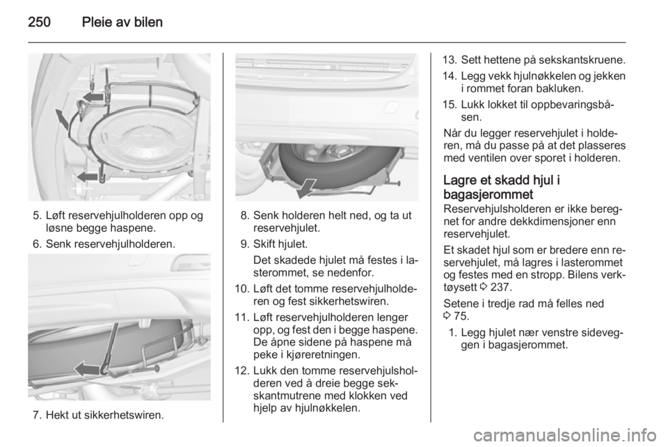OPEL ZAFIRA C 2015  Instruksjonsbok 250Pleie av bilen
5. Løft reservehjulholderen opp ogløsne begge haspene.
6. Senk reservehjulholderen.
7. Hekt ut sikkerhetswiren.
8. Senk holderen helt ned, og ta ut reservehjulet.
9. Skift hjulet. 