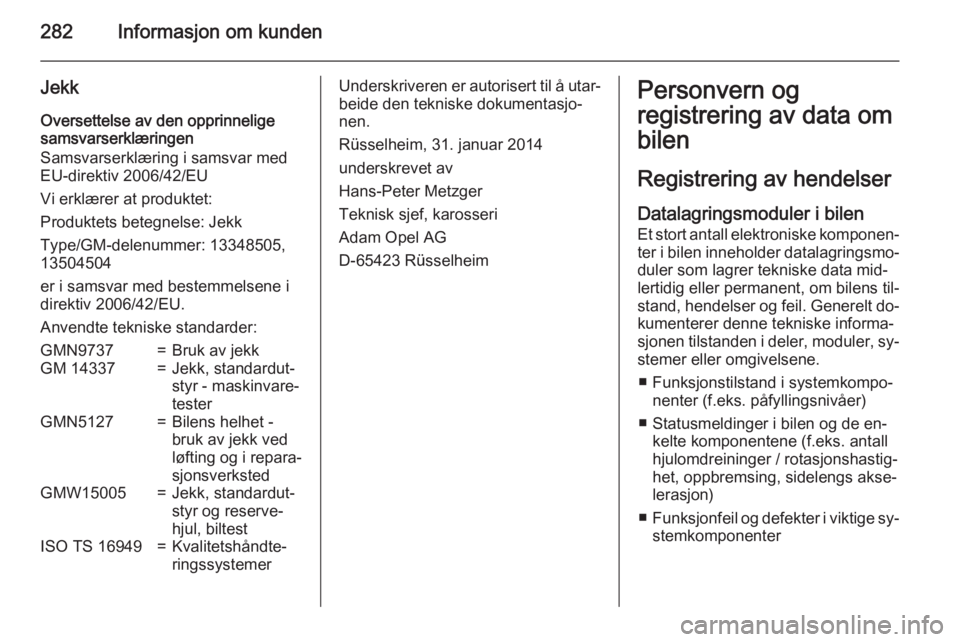 OPEL ZAFIRA C 2015  Instruksjonsbok 282Informasjon om kunden
JekkOversettelse av den opprinnelige
samsvarserklæringen
Samsvarserklæring i samsvar med
EU-direktiv 2006/42/EU
Vi erklærer at produktet:
Produktets betegnelse: Jekk
Type/G