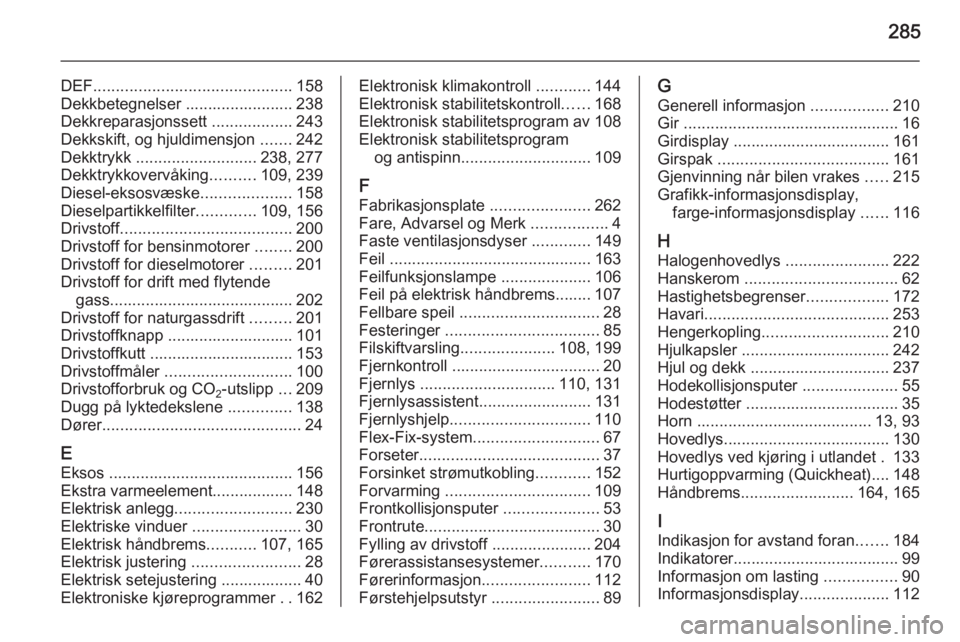 OPEL ZAFIRA C 2015  Instruksjonsbok 285
DEF............................................ 158
Dekkbetegnelser ........................ 238
Dekkreparasjonssett  ..................243
Dekkskift, og hjuldimensjon  .......242
Dekktrykk  .....