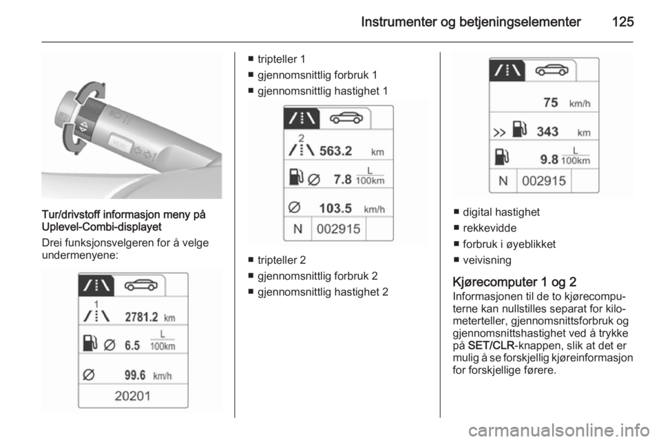 OPEL ZAFIRA C 2015.5 Instruksjonsbok Instrumenter og betjeningselementer125
Tur/drivstoff informasjon meny på
Uplevel-Combi-displayet
Drei funksjonsvelgeren for å velge
undermenyene:
■ tripteller 1
■ gjennomsnittlig forbruk 1
■ g OPEL ZAFIRA C 2015.5 Instruksjonsbok Instrumenter og betjeningselementer125
Tur/drivstoff informasjon meny på
Uplevel-Combi-displayet
Drei funksjonsvelgeren for å velge
undermenyene:
■ tripteller 1
■ gjennomsnittlig forbruk 1
■ g