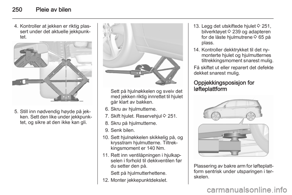 OPEL ZAFIRA C 2015.5 Instruksjonsbok 250Pleie av bilen
4. Kontroller at jekken er riktig plas‐sert under det aktuelle jekkpunk‐tet.
5. Still inn nødvendig høyde på jek‐ ken. Sett den like under jekkpunk‐
tet, og sikre at den i OPEL ZAFIRA C 2015.5 Instruksjonsbok 250Pleie av bilen
4. Kontroller at jekken er riktig plas‐sert under det aktuelle jekkpunk‐tet.
5. Still inn nødvendig høyde på jek‐ ken. Sett den like under jekkpunk‐
tet, og sikre at den i