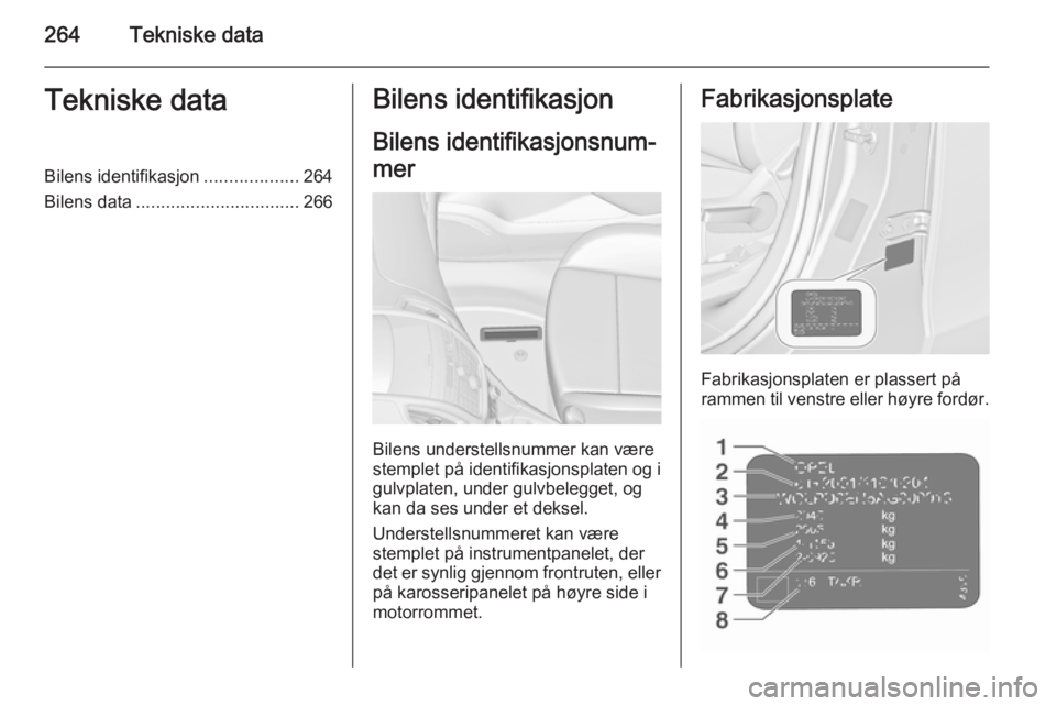 OPEL ZAFIRA C 2015.5 Instruksjonsbok 264Tekniske dataTekniske dataBilens identifikasjon...................264
Bilens data ................................. 266Bilens identifikasjon
Bilens identifikasjonsnum‐
mer
Bilens understellsnumme OPEL ZAFIRA C 2015.5 Instruksjonsbok 264Tekniske dataTekniske dataBilens identifikasjon...................264
Bilens data ................................. 266Bilens identifikasjon
Bilens identifikasjonsnum‐
mer
Bilens understellsnumme
