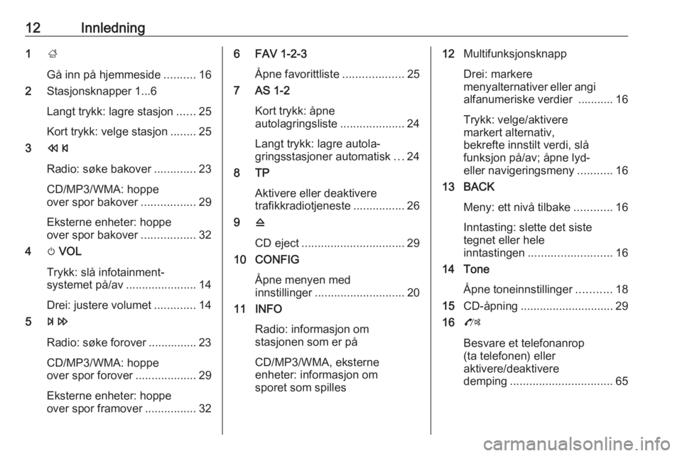 OPEL ZAFIRA C 2016  Brukerhåndbok for infotainmentsystem 12Innledning1;
Gå inn på hjemmeside ..........16
2 Stasjonsknapper 1...6
Langt trykk: lagre stasjon ......25
Kort trykk: velge stasjon ........25
3 s
Radio: søke bakover .............23
CD/MP3/WMA: