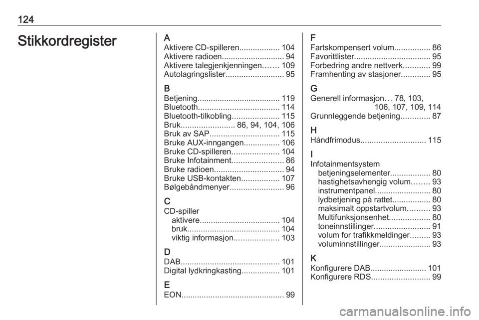 OPEL ZAFIRA C 2016  Brukerhåndbok for infotainmentsystem 124StikkordregisterAAktivere CD-spilleren ..................104
Aktivere radioen............................ 94
Aktivere talegjenkjenningen .......109
Autolagringslister ..........................95
B