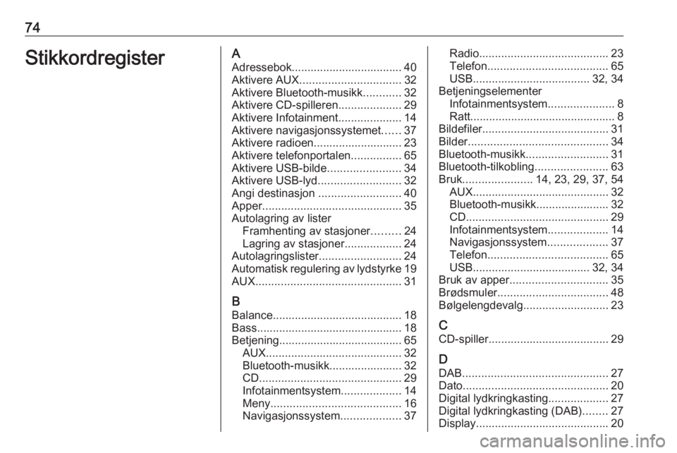 OPEL ZAFIRA C 2016  Brukerhåndbok for infotainmentsystem 74StikkordregisterAAdressebok................................... 40Aktivere AUX ................................ 32
Aktivere Bluetooth-musikk ............32
Aktivere CD-spilleren ....................2