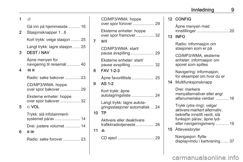 OPEL ZAFIRA C 2016  Brukerhåndbok for infotainmentsystem Innledning91;
Gå inn på hjemmeside ..........16
2 Stasjonsknapper 1...6
Kort trykk: velge stasjon ........25
Langt trykk: lagre stasjon ......25
3 DEST / NAV
Åpne menyen for
navigering til reisemå