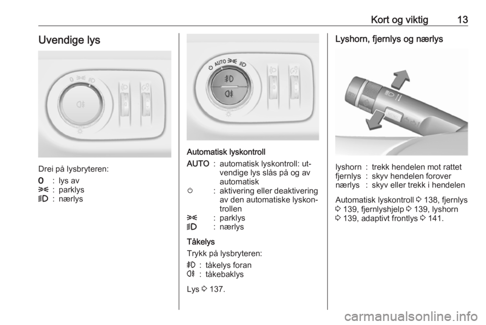 OPEL ZAFIRA C 2016  Instruksjonsbok Kort og viktig13Uvendige lys
Drei på lysbryteren:
7:lys av8:parklys9:nærlys
Automatisk lyskontroll
AUTO:automatisk lyskontroll: ut‐
vendige lys slås på og av
automatiskm:aktivering eller deaktiv