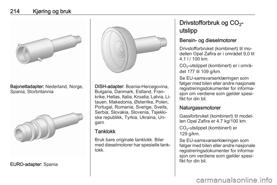 OPEL ZAFIRA C 2016 Instruksjonsbok 214Kjøring og bruk
Bajonettadapter: Nederland, Norge,
Spania, Storbritannia
EURO-adapter: Spania
DISH-adapter: Bosnia-Hercegovina,
Bulgaria, Danmark, Estland, Fran‐ krike, Hellas, Italia, Kroatia, OPEL ZAFIRA C 2016 Instruksjonsbok 214Kjøring og bruk
Bajonettadapter: Nederland, Norge,
Spania, Storbritannia
EURO-adapter: Spania
DISH-adapter: Bosnia-Hercegovina,
Bulgaria, Danmark, Estland, Fran‐ krike, Hellas, Italia, Kroatia,