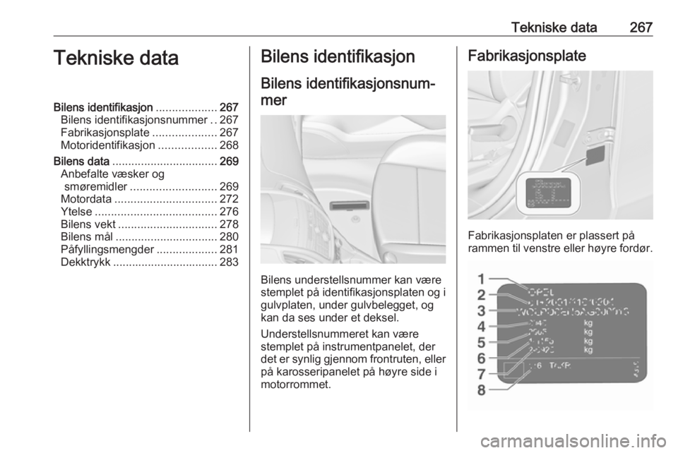 OPEL ZAFIRA C 2016 Instruksjonsbok Tekniske data267Tekniske dataBilens identifikasjon...................267
Bilens identifikasjonsnummer ..267
Fabrikasjonsplate ....................267
Motoridentifikasjon ..................268
Bilens d OPEL ZAFIRA C 2016 Instruksjonsbok Tekniske data267Tekniske dataBilens identifikasjon...................267
Bilens identifikasjonsnummer ..267
Fabrikasjonsplate ....................267
Motoridentifikasjon ..................268
Bilens d