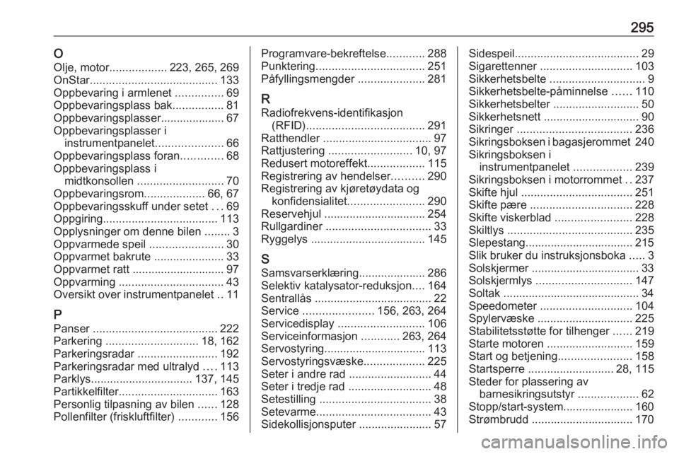 OPEL ZAFIRA C 2016  Instruksjonsbok 295OOlje, motor .................. 223, 265, 269
OnStar ........................................ 133
Oppbevaring i armlenet  ...............69
Oppbevaringsplass bak ................81
Oppbevaringsplas